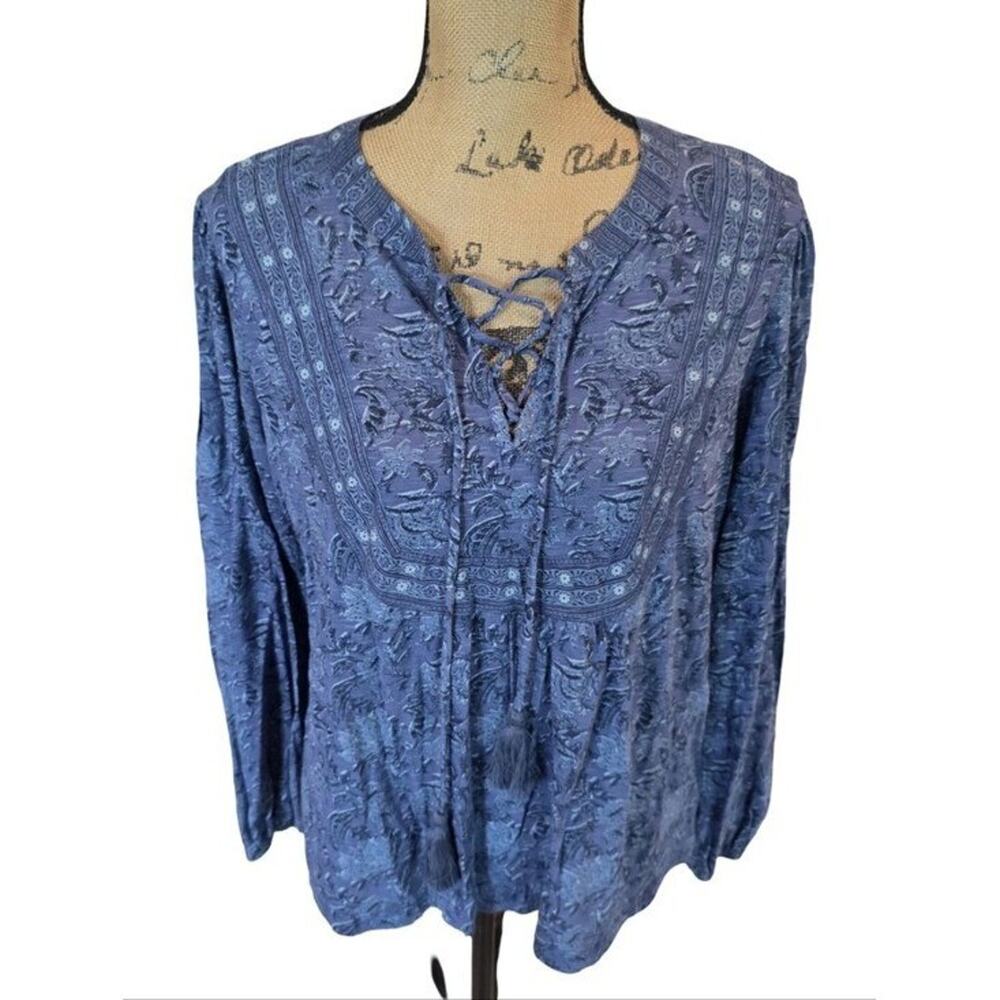 Lucky Brand Womens Blue Floral Burnout Lace Up Tassel Boho Peasant Top Cotton